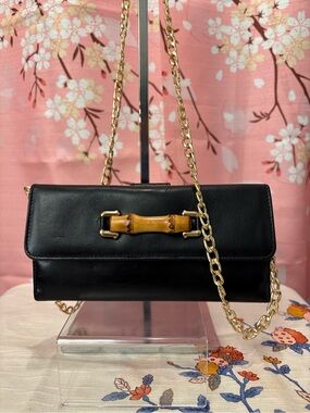 Gucci Vintage Bamboo Calfskin Leather Wallet Black with chain & COA